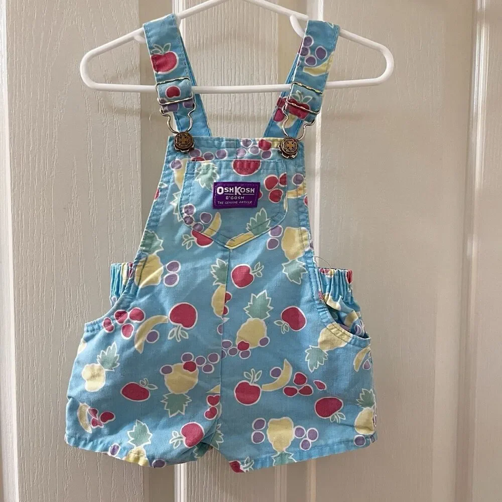 Vintage Oshkosh B'gosh Blue Fruit Shortalls Romper USA Girls Size 18 Months